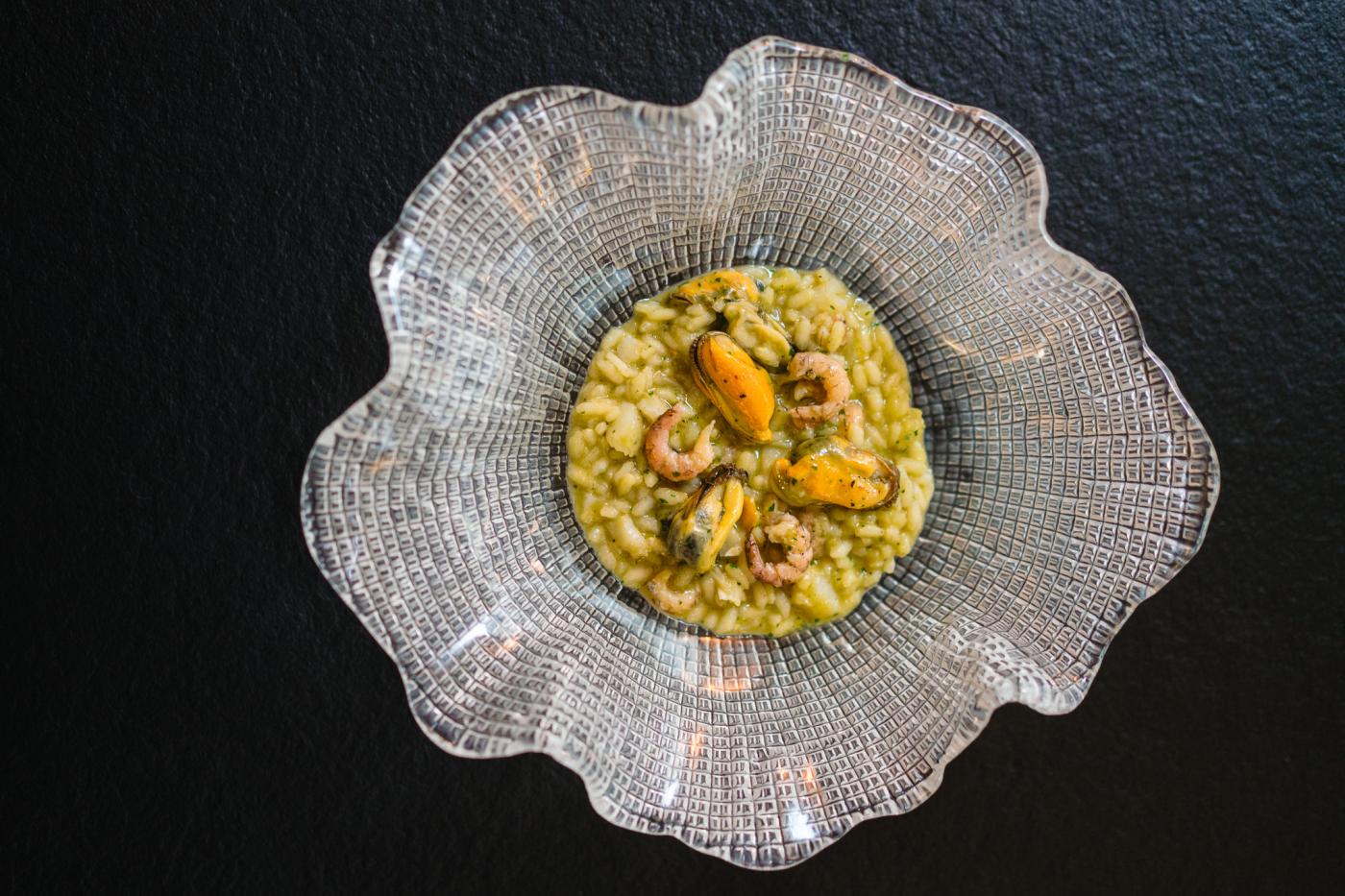    	 Risotto Carnaroli Acquerello met mossels en grijze garnalen.